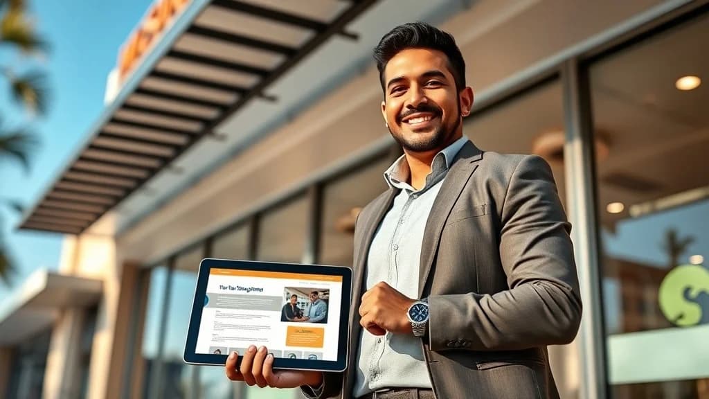 Empresario latino exitoso en Miami con su sitio web profesional